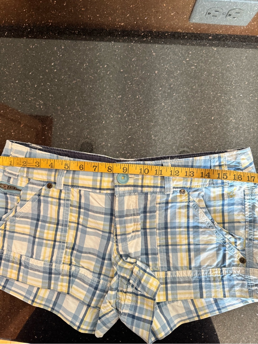 Retro AE Plaid Micro Shorts in Blue, White & Yellow - Picture 7 of 8